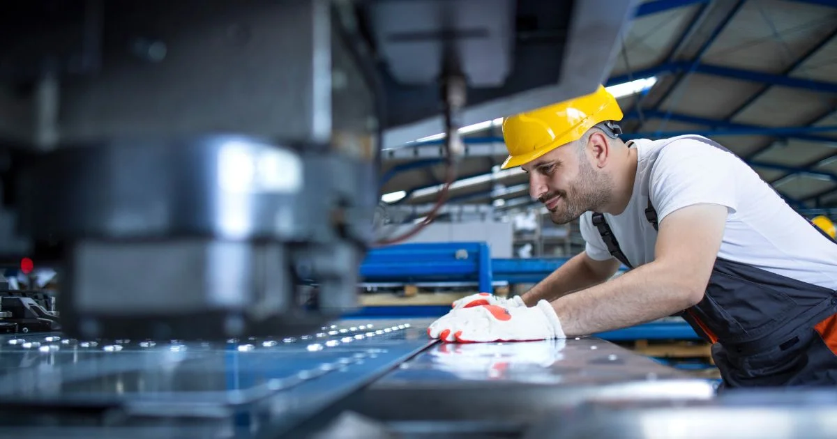 Worker inspecting sheet metal on factory production line